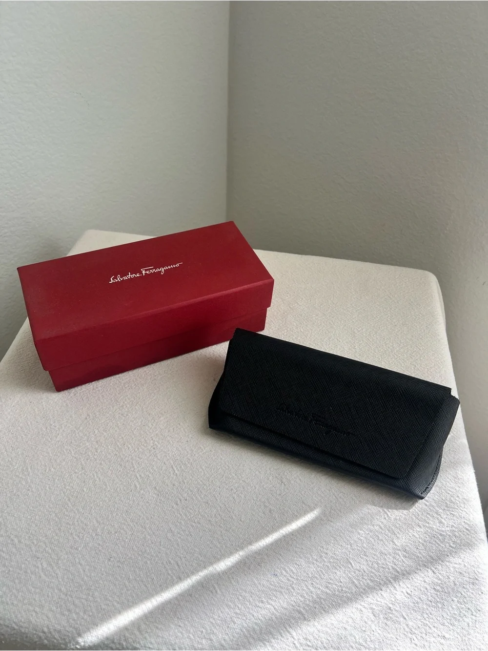 Salvatore Ferragamo Black Leather Sunglasses Case with Red Box